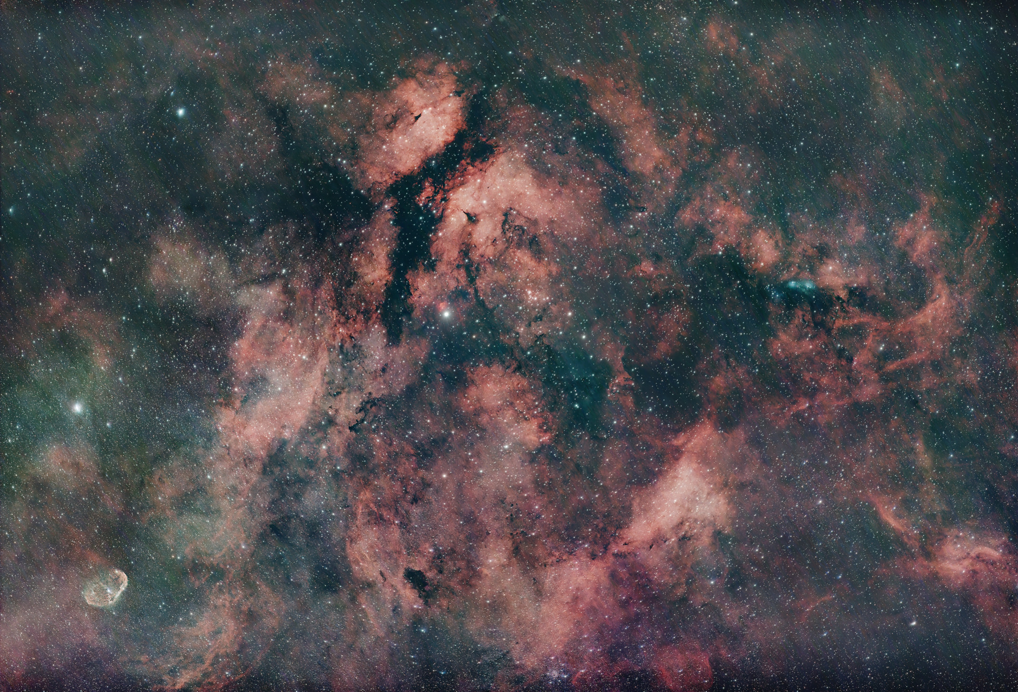 The Sadr region Sh2-108 in the Cygnus constellation is also known as the Gamma Cygni Nebula. The emission nebula surrounds the central star Sadr (γ Cygni). The region also contains many dark nebulae.